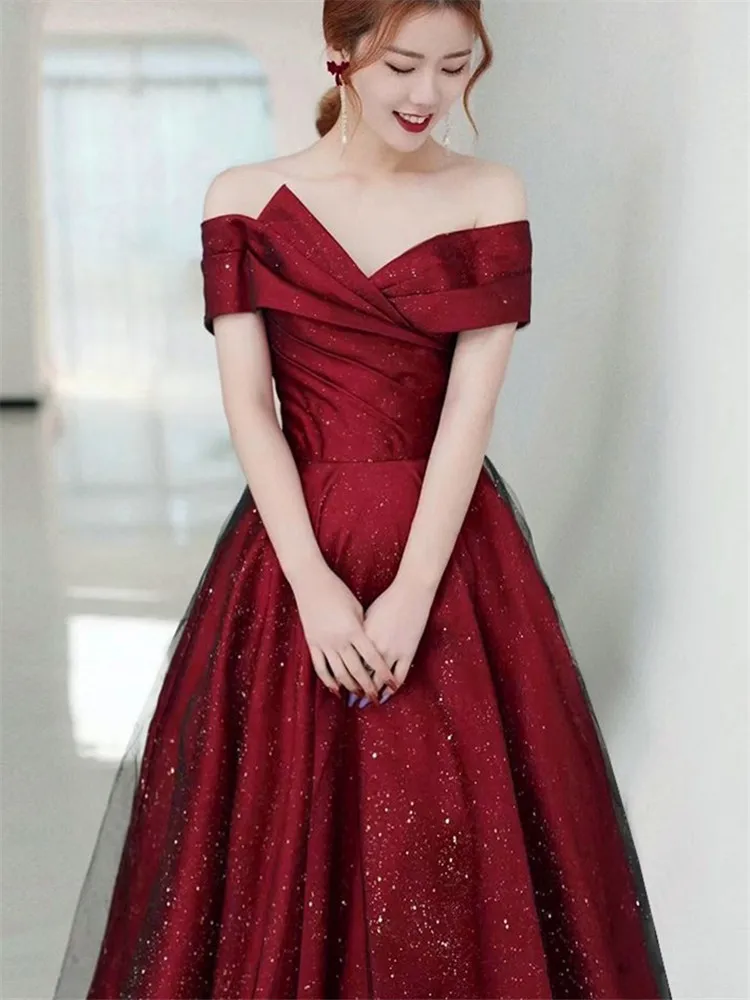 Elegant Dress for Women Burgundy Splicing Lace Sequin Strapless Long A-line Skirt Solid Color Evening Gown M392