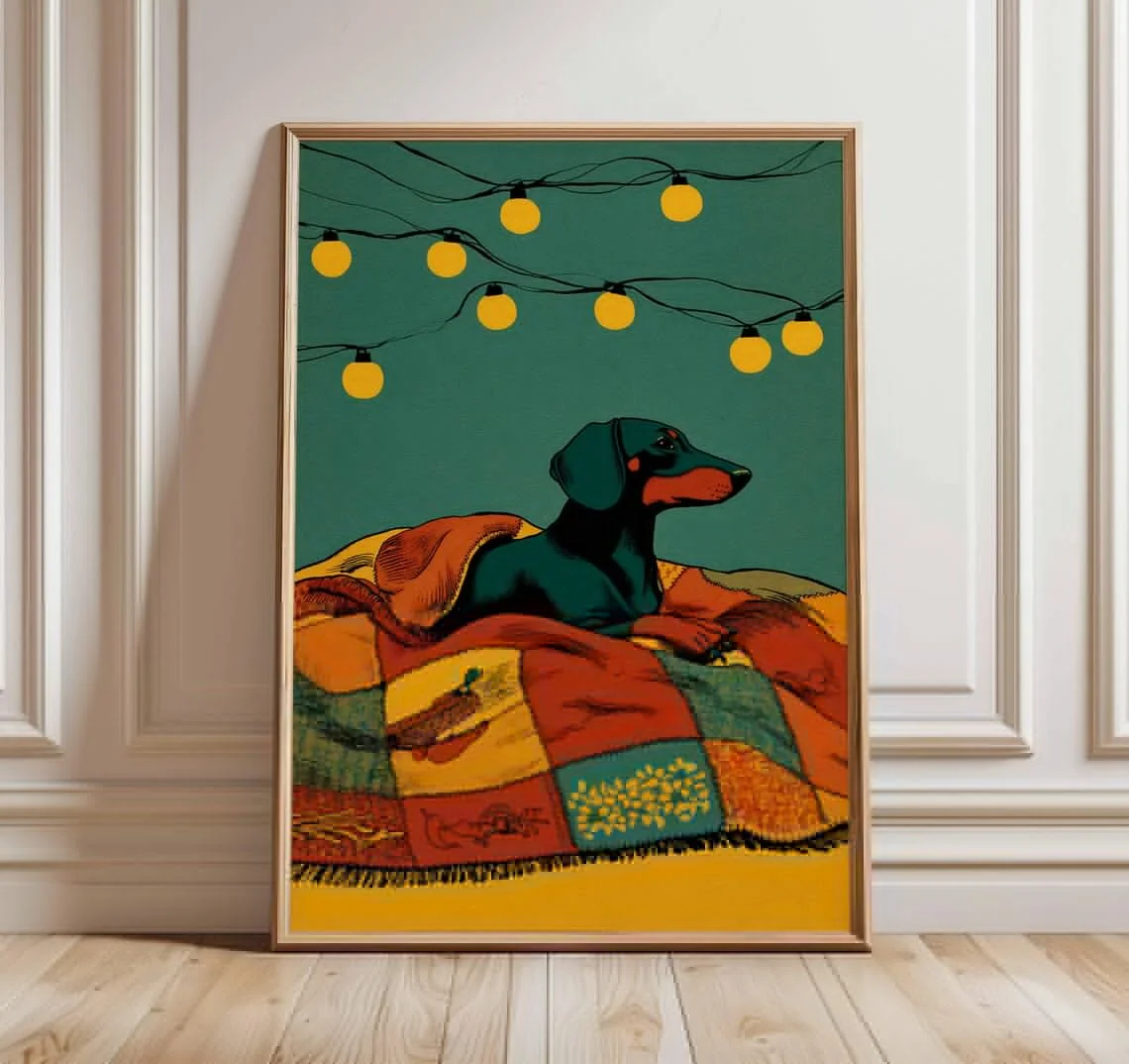 Gemütliche Dackel-Lichterketten-Wandkunst – Serene Druckgrafik zur Feier des Katzen- (Hunde-)Komforts. Der tiefblaugrüne Hintergrund und die warme Fee