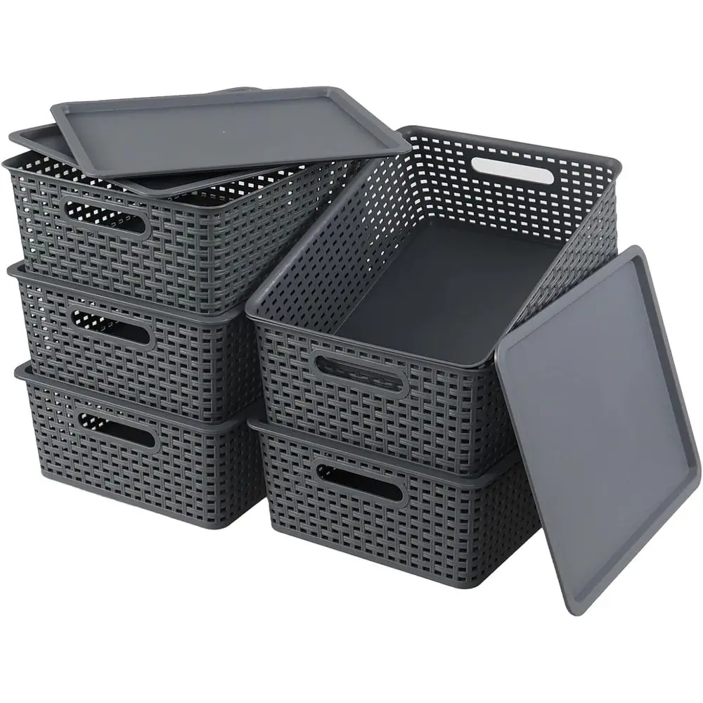 

Grey Stackable Plastic Storage Bins with Lids and Handles for Desk, Shelf, Office, and Pantry Organization