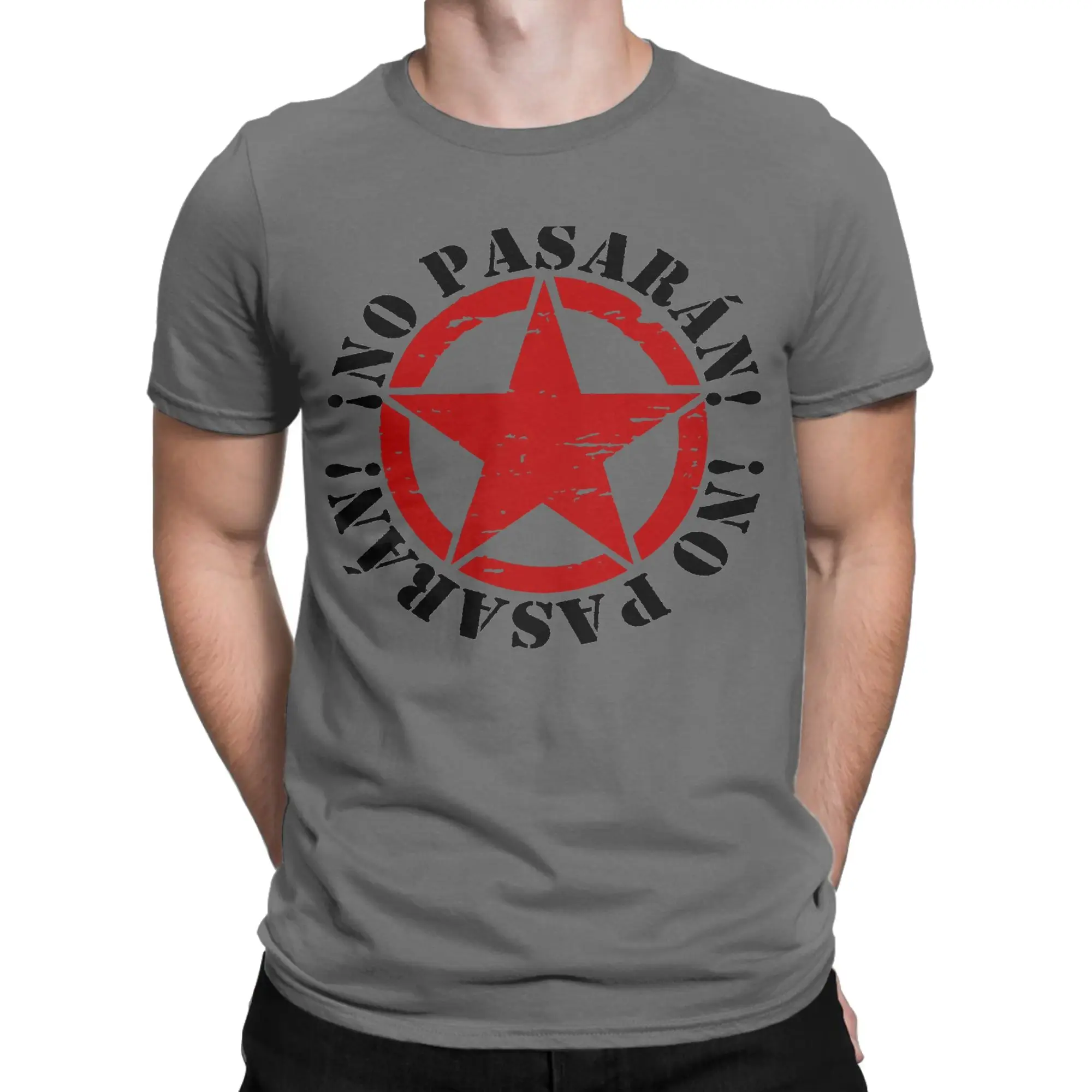 No Pasaran T-Shirt Men's 100%Cotton Tops Shirts Vintage Red Star Round Neck Short Sleeve