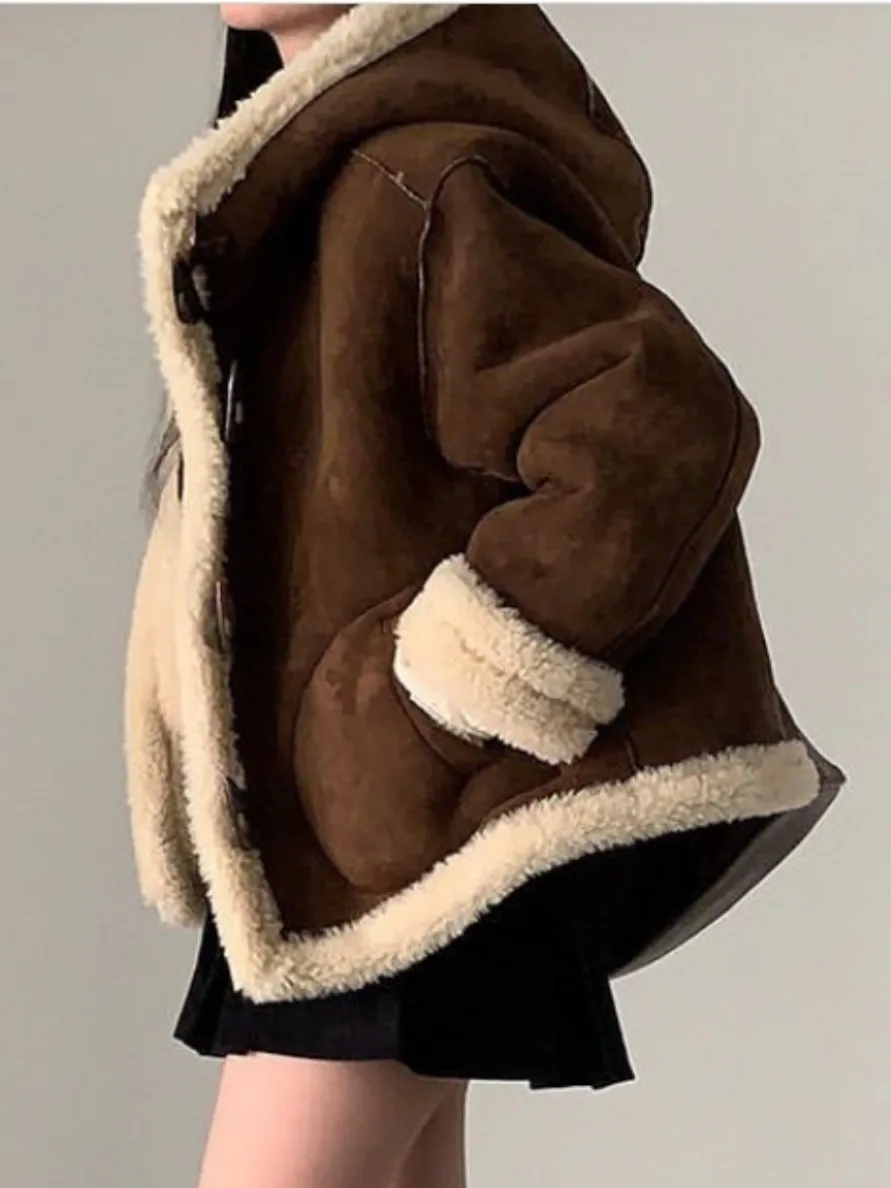 Sli مكافحة الشيخوخة القرن زرر الجلود الفراء Inteated مقنعين Jaet ort Thiened المرأة الملابس القطنية العصرية #4