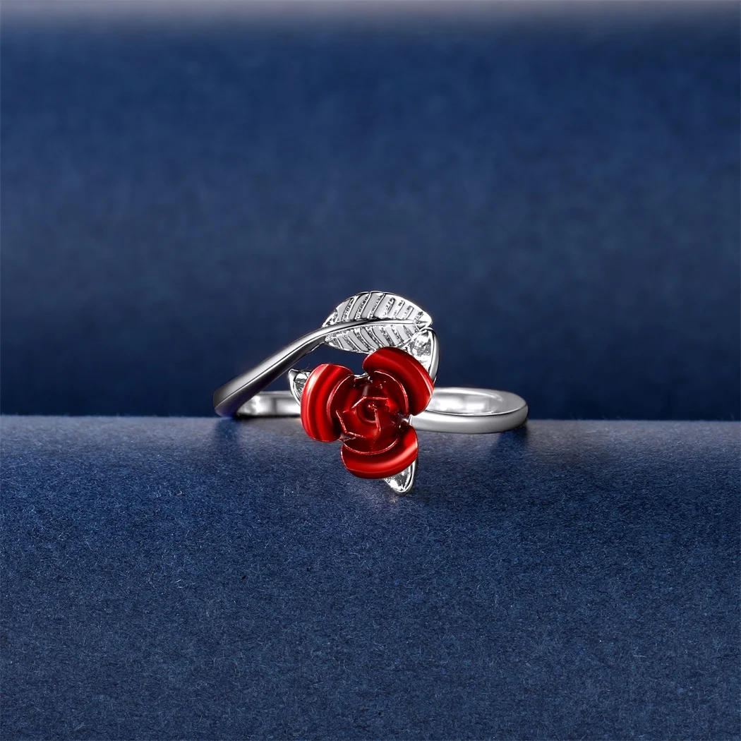 U7 Leaf and Red Rose Flower Open Rings Cuff for Women Flower Charm Adjustable Size Love Romantic Birthday Jewelry GIft for Her