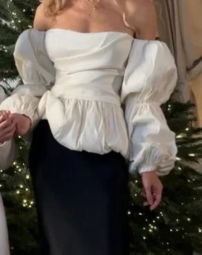 

Women Chic Polka Dot Off Shoulder Pleated Top Elegant Puff Long Sleeve Ruched Waist Shirt 2026 Lady Commute Vacation Street Tops