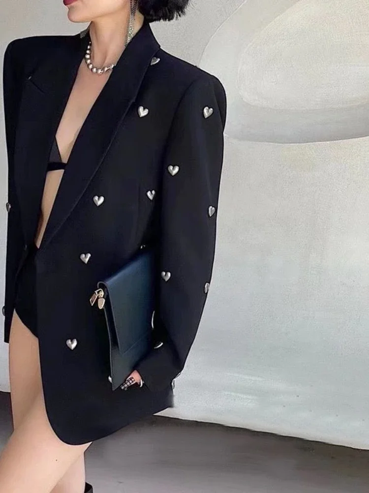 American High Street Suits Heart Patchwork Notched Collar Long Sleeve Design Blazers Casual Loose All Match Women Clothing 2024