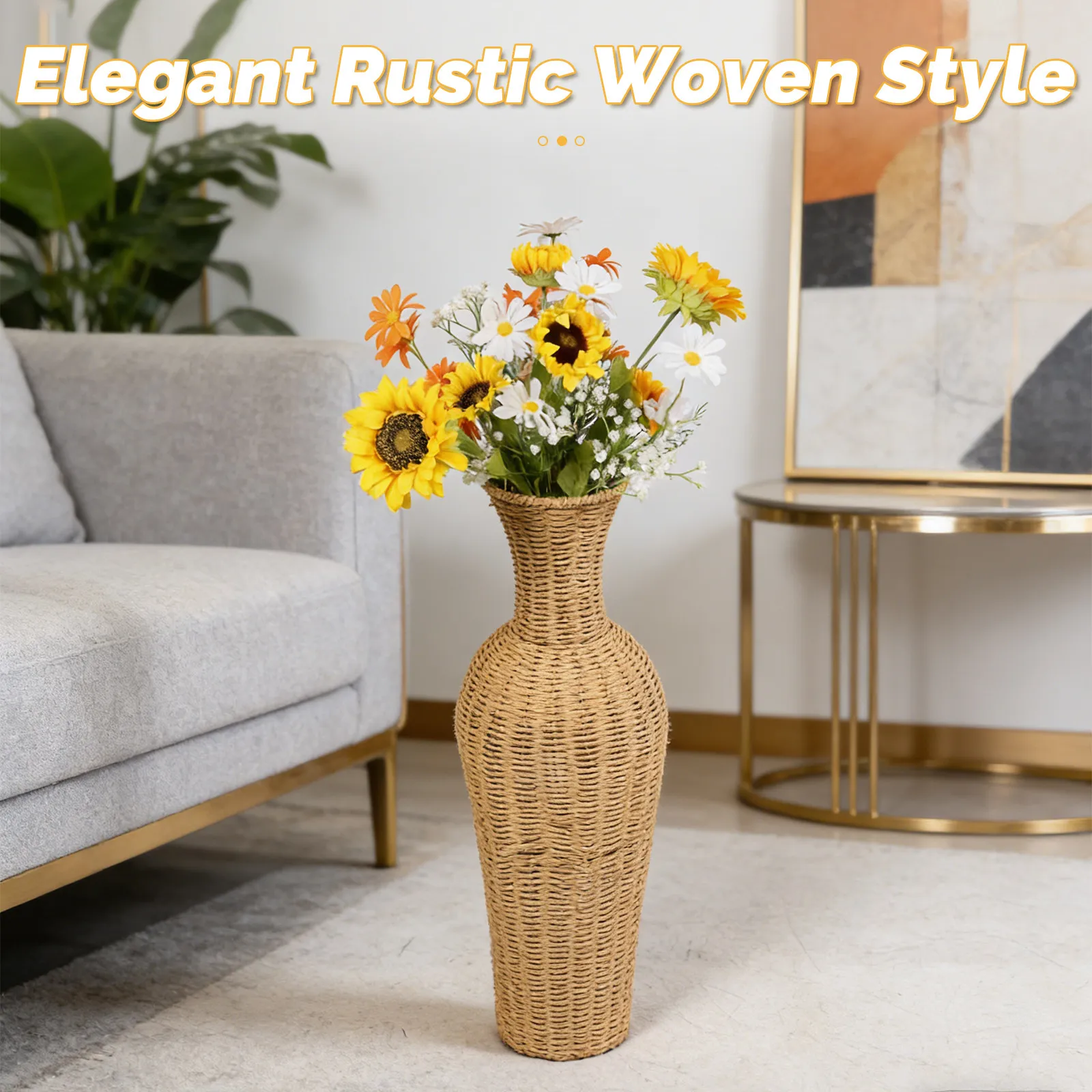 Simulation Rattan Woven Flower Vase Tall Floor Wicker Vase Large Rustic Decorative Holder for Dried Flower Pampas Grass Boho view 3