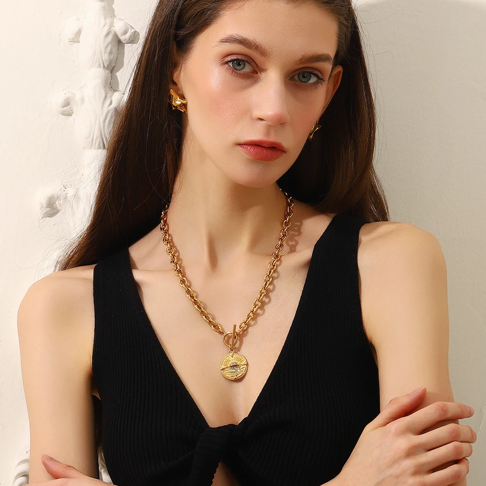 E.B.belle OT Buckle Round Sunrise Pendant Necklace 316L Stainless Steel 18K Gold Plated Exaggerated Jewelry Accessories