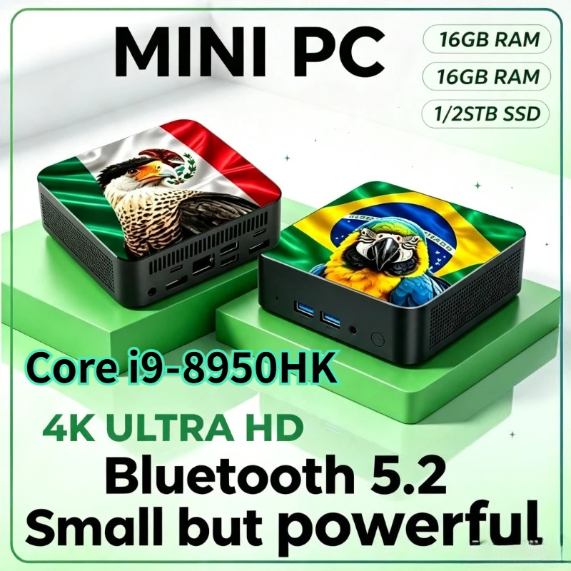 2026 Mexico & Brazil Flag Themed Mini PC Core i9‑8950HK 16GB RAM 1TB 2TB SSD 4K UHD Portable High‑Performance Unit for Gaming