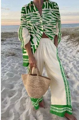 Ensemble 2 pièces imprimé Boho, chemise ample à manches longues et boutons, taille haute, pantalon à jambes larges, nouveau Style de vacances, printemps