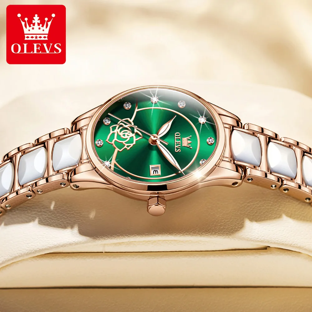 OLEVS 3606 Ladies Watch Luxury Quartz Wristwatch Ceramic Strap Camellia Dial Waterproof  Ladies Date Watch Set Original Reloj