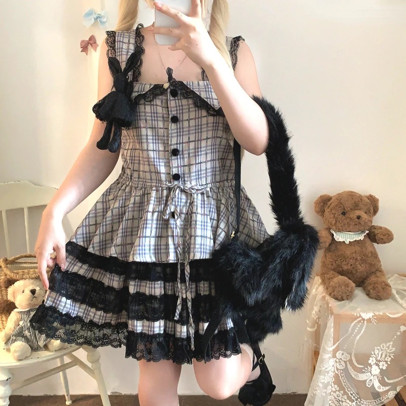 

Harajuku Y2k Plaid Skirt 2 Piece Set Women Japanese Style Lace Vest Crop Tops Kawaii Mini Tiered Skirt Suit Gothic Lolita Outfit