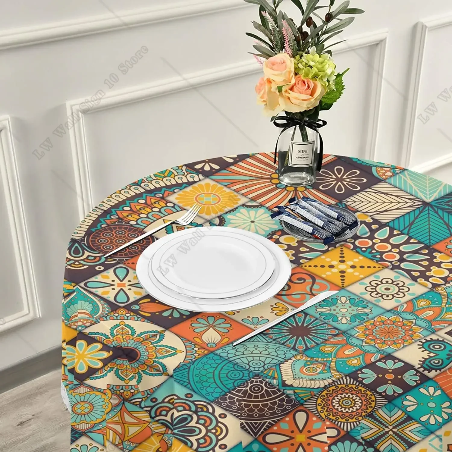 Bohemian Mexican Talavera Round Tablecloth Waterproof and Stain Resistant Polyester Table Cloth for Home Kitchen Dining Party