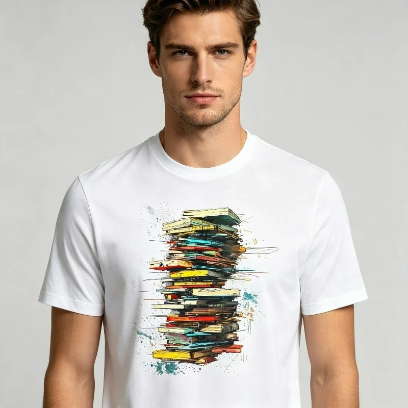 Abstract Book Stack Graffiti Art T-Shirt Men 1 Cotton Casual Streetwear Hip Hop Style Tee for Reading Lovers Urban Fashion Top
