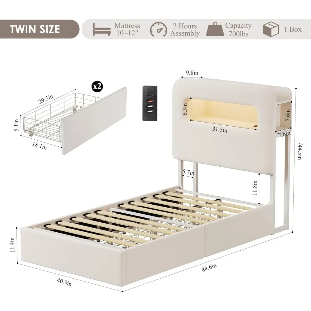 

Twin LED Bed Frame with Storage Headboard and Charging Station, Kids Bed Frame, Upholstered Platform Bed Frame with Bookcase