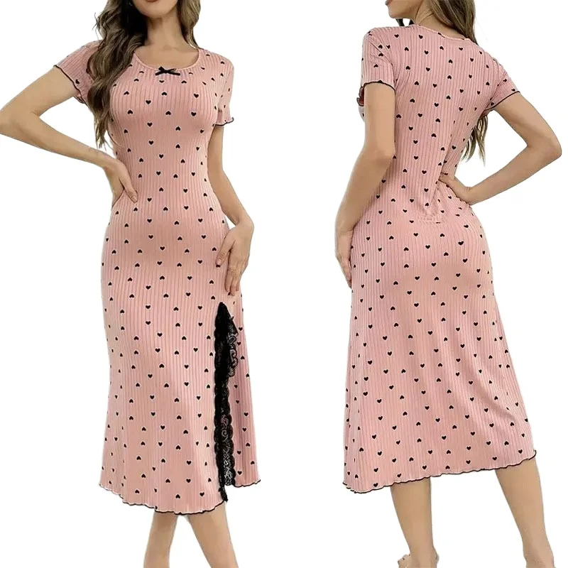 

Sexy Ribbed Knit Nightgown for Women Heart Print Sleep Dress with High Lace Slit Short Sleeve Loungewear New Hot