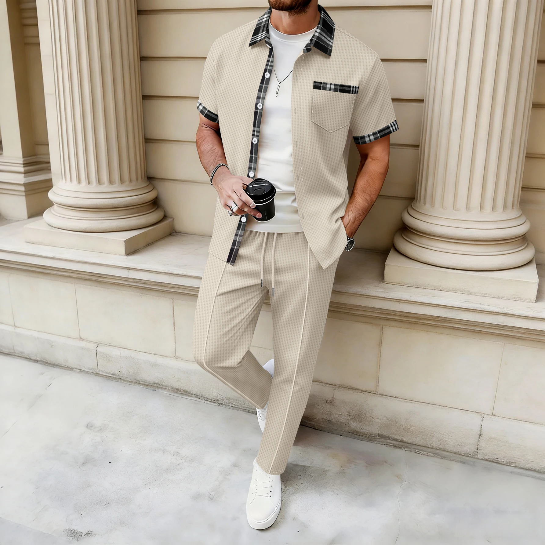 Immagine 3: Set da uomo in maglia waffle a 2 pezzi con camicia e pantaloni con bordi a quadri e bottoni, taglie S-3XL