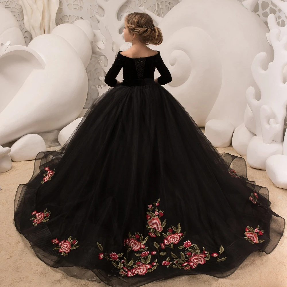 Lorencia Sparkly Black Long Sleeve Flower Girl Dress For Wedding 2023 Ball Gown Kids Pageant Gowns First Communion Dress YFD029