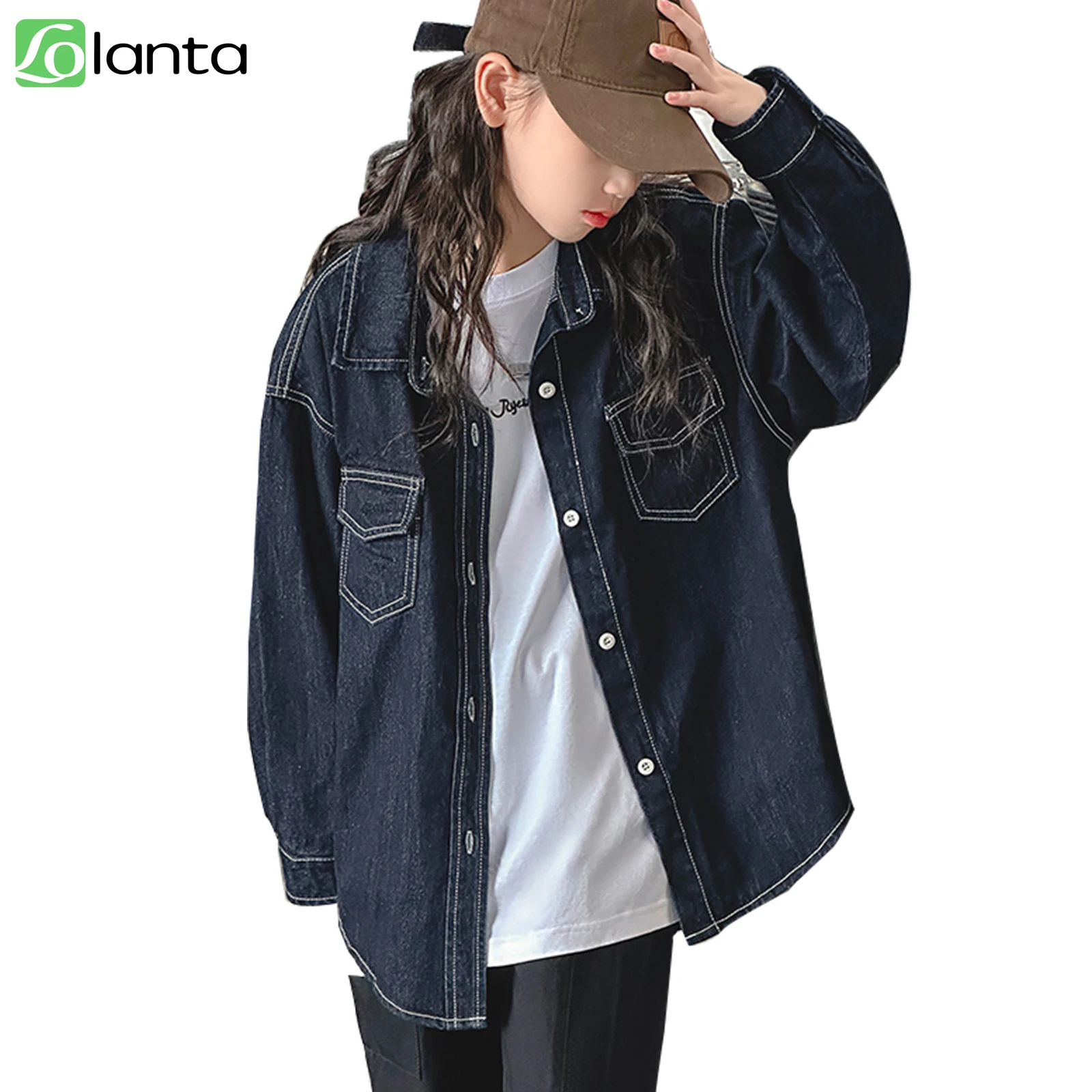 Rolanko Girls Denim Coat Oversized Button Down Shacket Long Sleeve Jean Shirt Jacket Tops with Pocket 5-14 Years