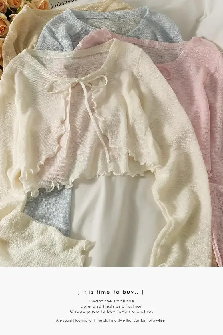 الصيف الشمس حماية سترة الملابس النسائية محبوك المحاصيل القمم ضمادة طويلة الأكمام رقيقة سحب فام الكشكشة سترة الكورية