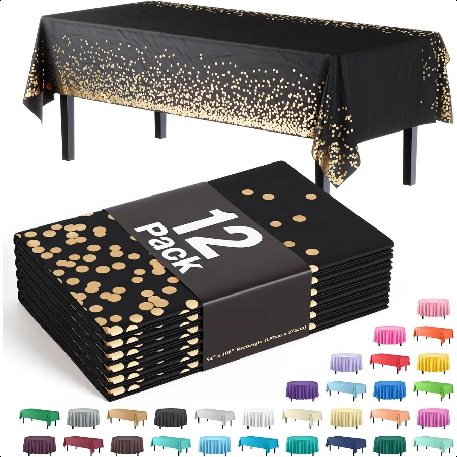 

Exquisite White and Gold Tablecloth 12Pack New Years Plastic Tablecloth Black and Gold Dot 54in. X 108in. Rec Table Cover Black