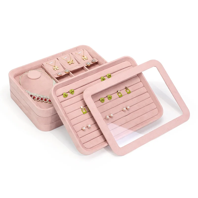 

Pink Color Jewelry Show Tray With Lid Stackable Jewelry Trays Inserts Velvet Catch All Jewelry Display Tray Case Bracket Boutiqu