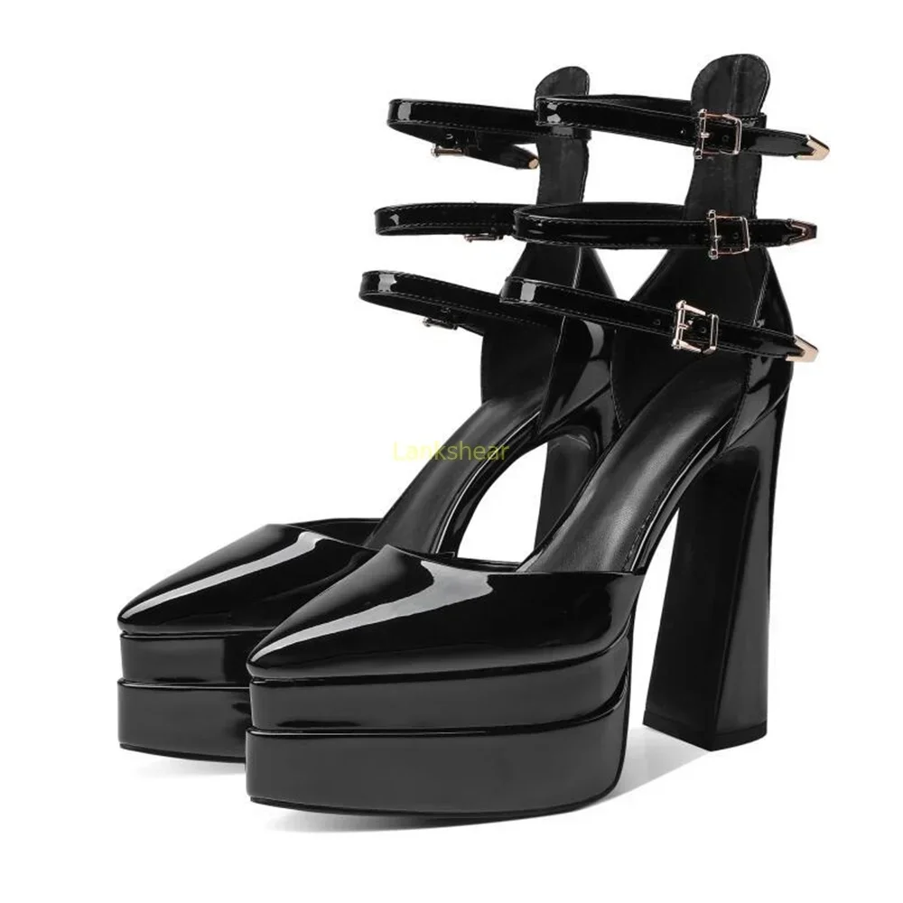Platform Multi Strap High Heels Patent Leather Sexy Pointed Toe Square Heel Solid New Arrivlas Fashion Women Runway Shoes - view 4