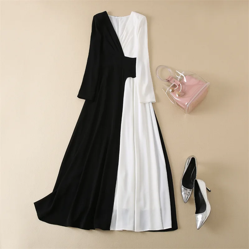 

European and American women's clothing 2024 fall new Long sleeve V-neck black and white color fashion Pleated dress XXL