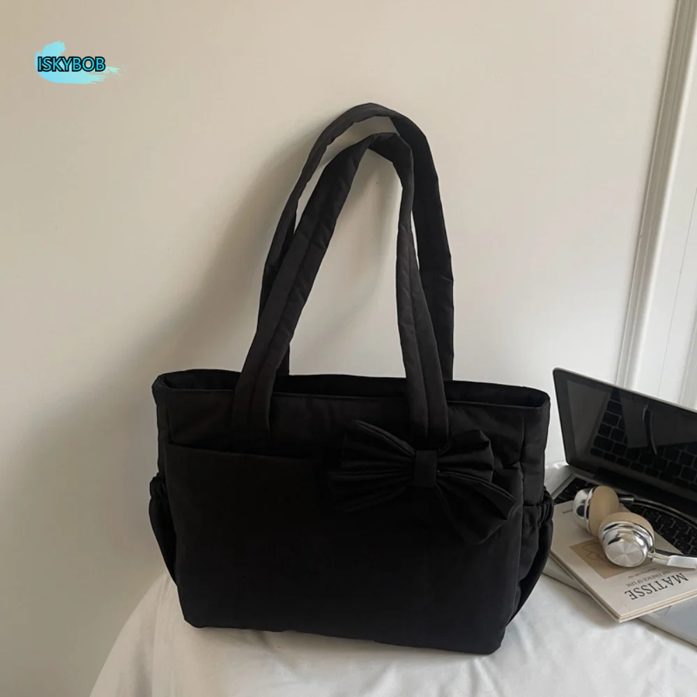 

Cute Korean Style Bow Tote Bag Solid Color Simple Cotton Padded Shoulder Bag Large Capacity Fashion Nylon Handbag Daily
