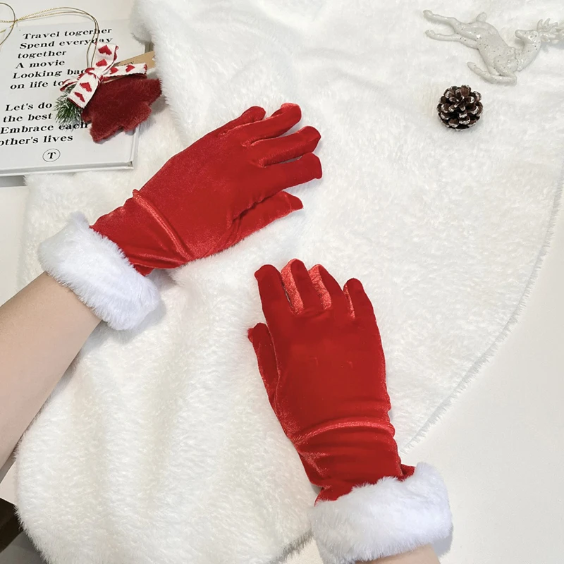 Guantes de fiesta de Navidad, guantes cortos de boda para novia, etiqueta roja, guantes cálidos gruesos para rendimiento