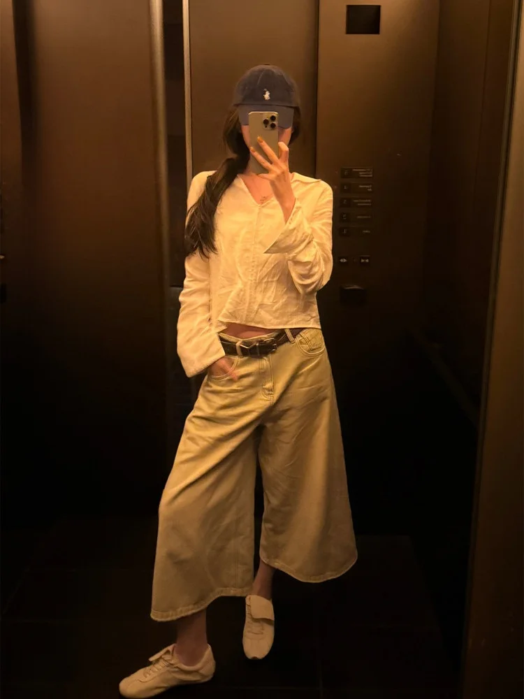 

Yangzifan Soft Worn-In Blue And Yellow Tone Loose Fit Eighteen Length Jeans Casual Sle l Waist Wide Leg Pants