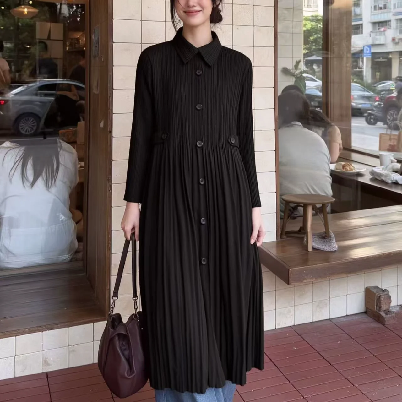 YUDX Miyake Pleated Shirt Dress Women Solid Long Sleeve Collared Loose Single Breasted Side Tab 2026 Spring Autumn Tunic Fresh