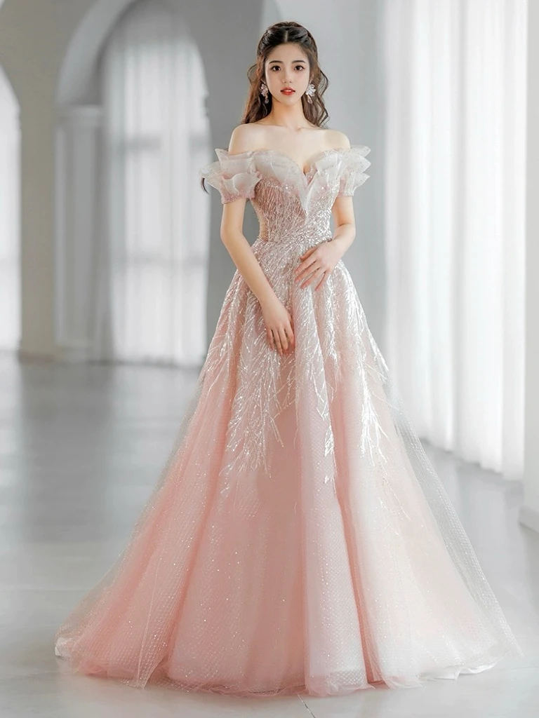 

A-line Gorgeous Celebrity Dresses Sequins Shiny Glitter Off the Shoulder Tulle Woman Bride Long Evening Gowns Quinceanera New