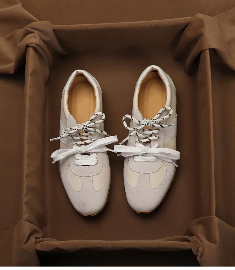 SHOEBOX Fashion color blocking casual shoes, lace up sports training shoes, women's 2026 spring genuine leather board shoes