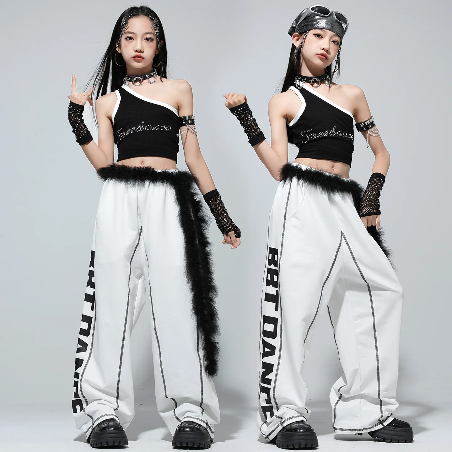 子供ストリートダンスジャズパフォーマンス衣装女の子ヒップホップ服ファッションキャットウォークステージ光沢のあるノースリーブクロップトップロングパンツスーツ