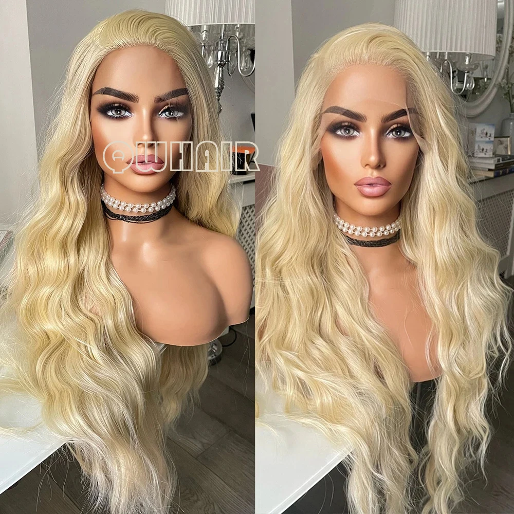 

QW Синтетические волосы Глубокая волна 613 Блондинка Мягкий парик фронта шнурка для чернокожих женщин Бесклеевое термостойкое волокно Косплей Повседневная одежда