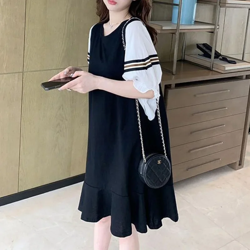 

Summer Loose Comfortable Short Sleeve Pullovers Ladies Casual O-neck Solid T-Shirt Midi Dress 2024 New Black All-match Dresses