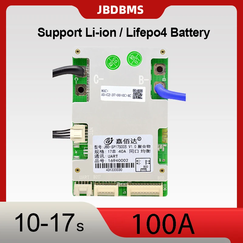 

JBD Smart BMS 10S 11S 12S 13S 14S 16S 17S 100A LifePo4 Li-ion 36V 48V 60V Lithium Battery BMS Built-in BT UART NTC For E-bike