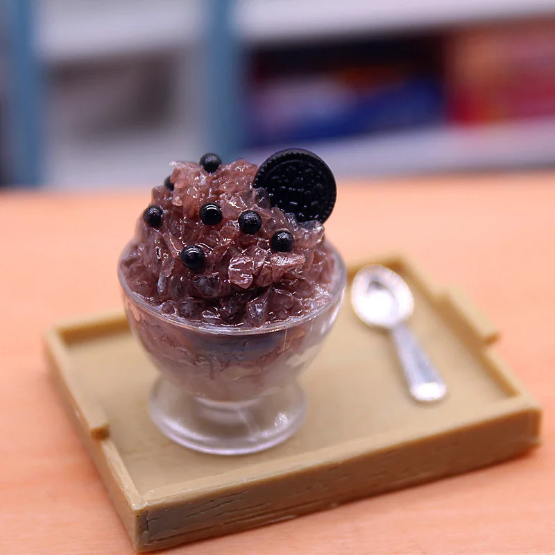 1Pc 1:12 Dollhouse Miniature Pearl Shaved Ice Model With Spoon Kitchen Food Accessories For Doll House Decoration Kids Toys Gift