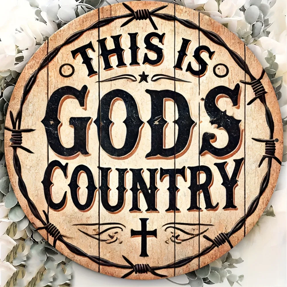 This Is Gods Country Retro Round Sign, 8 Inch, Rustic Cross and Barbed Wire Wall Decor for Church, Bar or Garage
