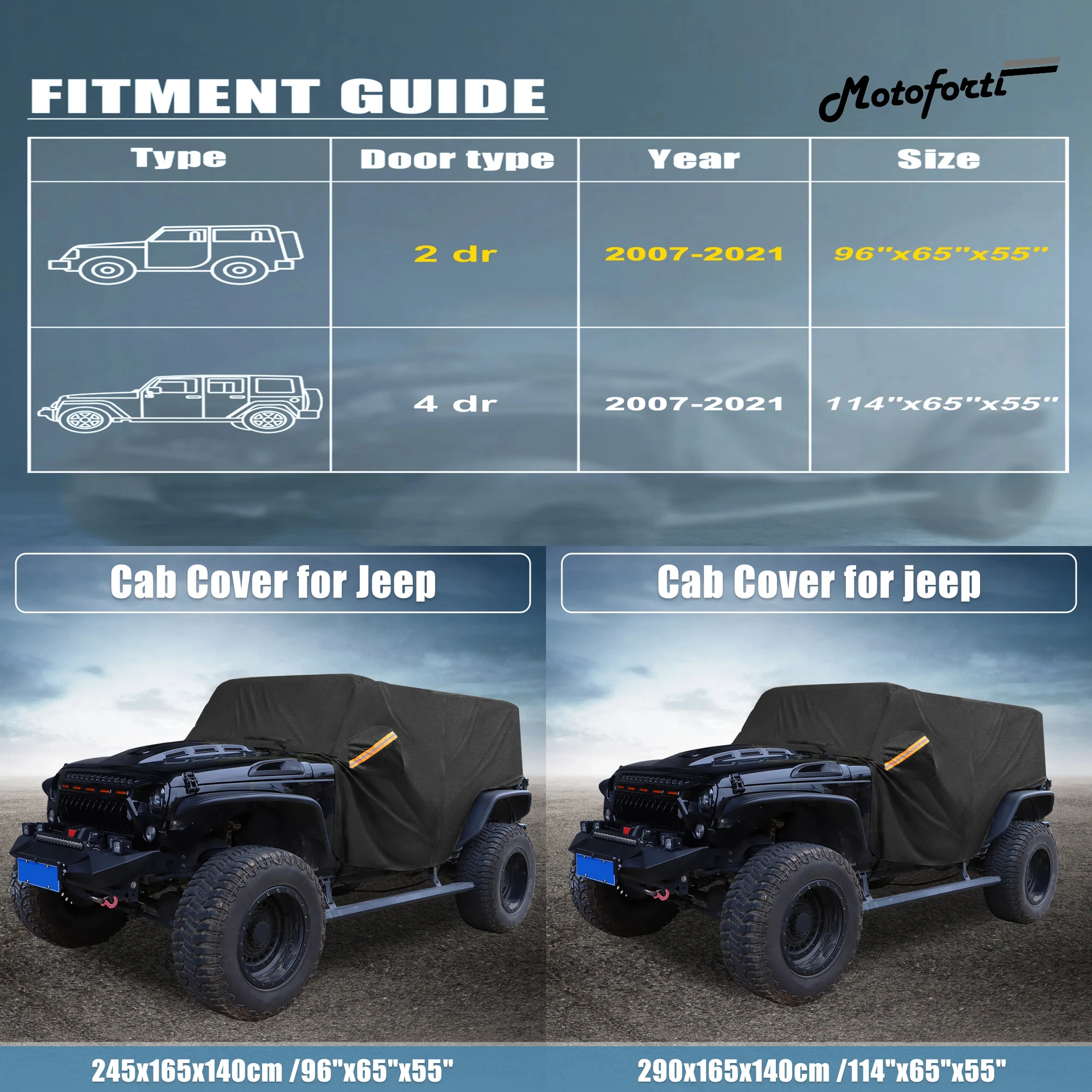 

Motoforti Car Cover for Jeep Wrangler JK JL Hardtop 2/4 Door 2007-2021 Outdoor Windproof Waterproof 210D Oxford Protect