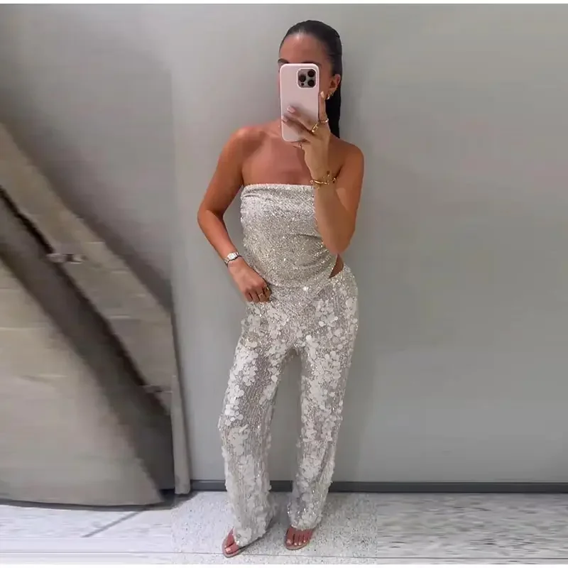Pailletten-Zweiteiler für Damen, schulterfreies Tube-Top, mittelhohe Taille, gerade geschnittene Hose, sexy, modisches, passendes Outfit für Partys – Detail 6