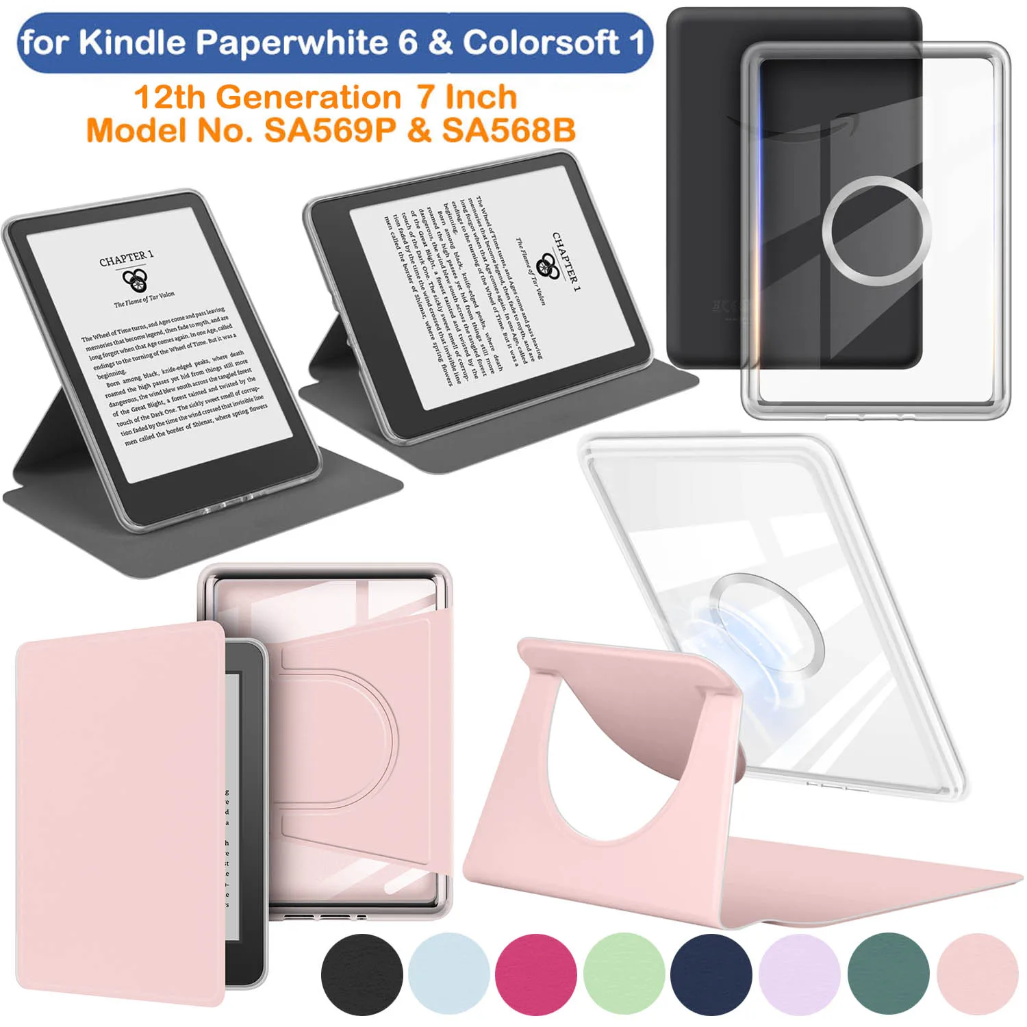 

Чехол для Kindle Paperwhite Colorsoft 2024 12-го поколения 7 дюймов 360 ° Вращающаяся акриловая магнитная съемная подставка SA569P SA568B
