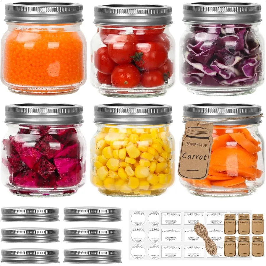

Small Mason Jars 8oz 240ml with Regular Lids 6 Pack Glass Canning Jars With Labels Mini Glass Jars for Jam Jelly Spice Honey He