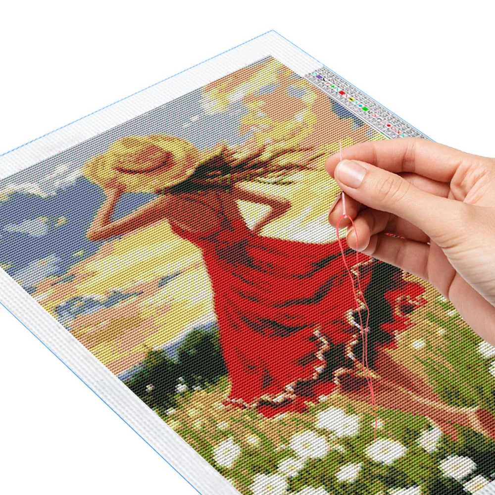 11CT Red Skirt Straw Hat Girl Daisy Stitch Portrait Theme Canvas Embroidery Kit New Arrival Decor for Home Living Room Decor view 4