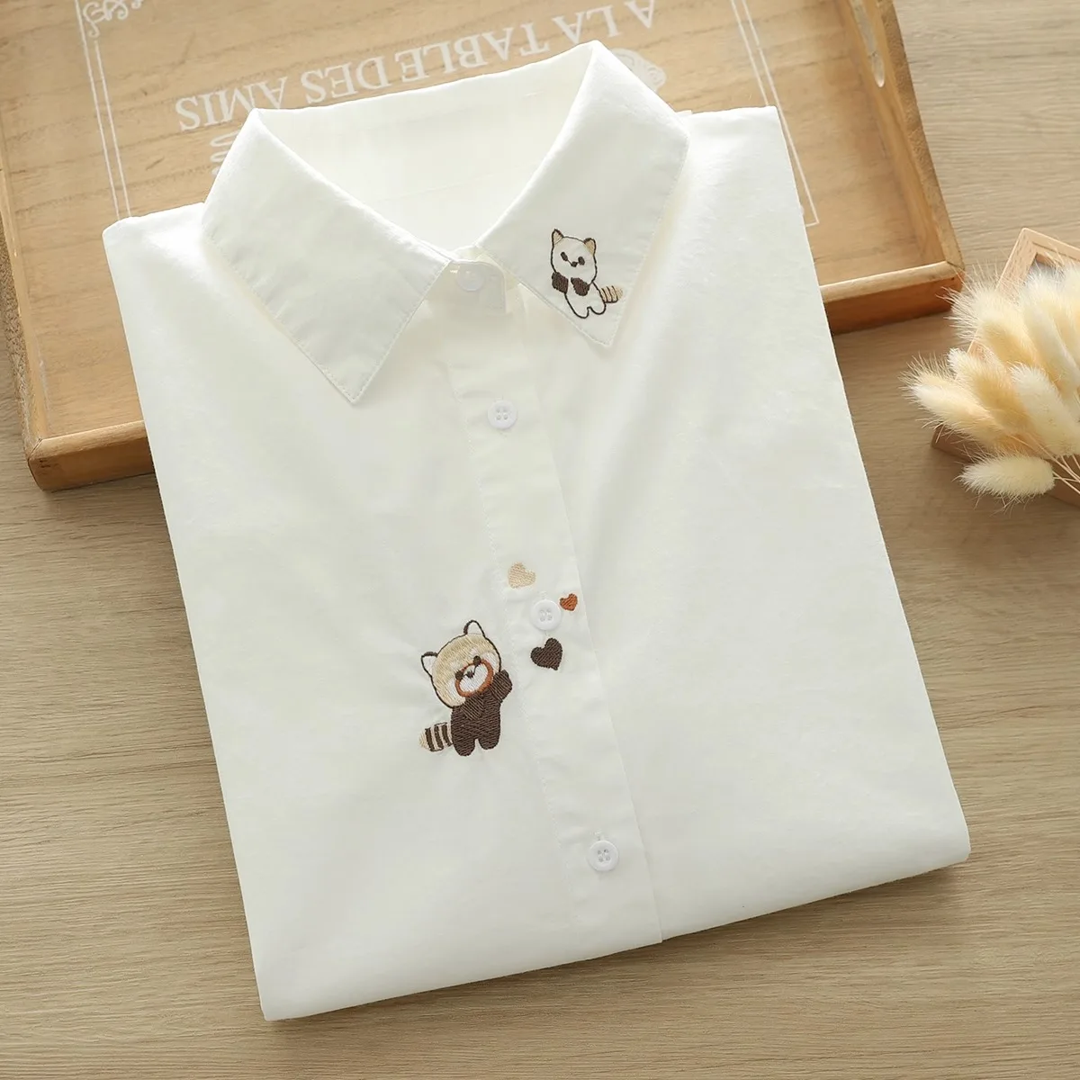 New Pure Cotton White Shirts Women Turn Down Collar Embroidered Long Sleeve Casual Tops Cute little bear embroidery