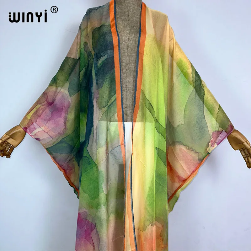 WINYI kimono new boho print Sexy perspective coat floor long dress beach wear cover-ups Elegant Holiday beach outfits for women