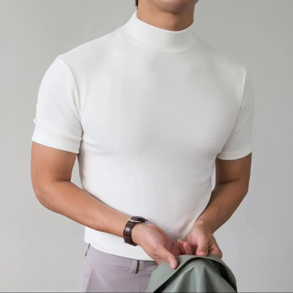 

2025 Men Base Top Soft Breathable Half High Collar Basic T-shirt Men's Summer Semi High Neck Slim Fit Base Short Sleeved T-shirt