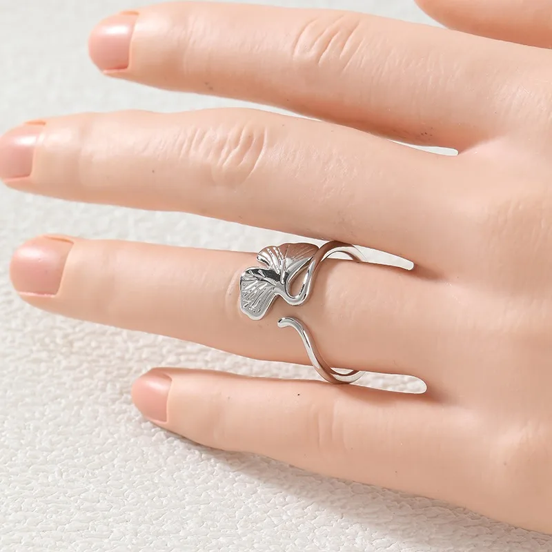 Literary Style Ginkgo Leaf Opening Ring For Ladies' Simple Fashion Silver Color Ring Daily Casual Commute Vacation Jewelry
