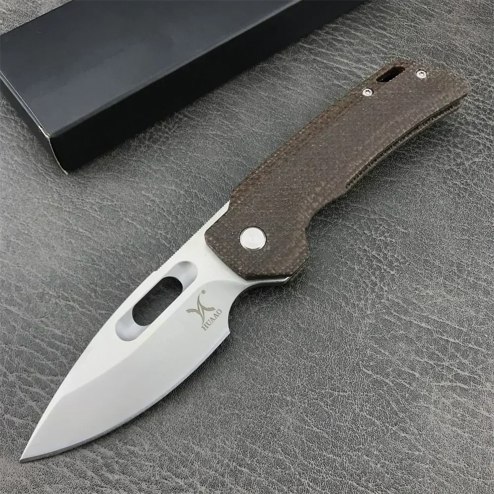 HUAAO Folding Knife D2 Steel Linen Handle with Magazine Holder Outdoor Camping Portable EDC Tool Survival Knife Everyday Carry