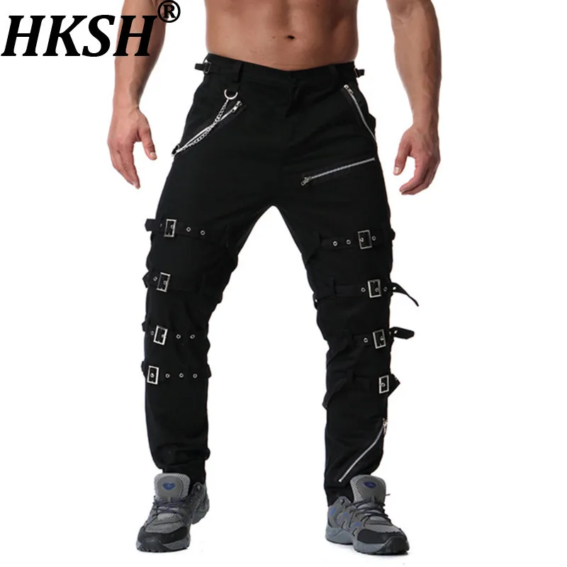 

HKSH весенне-осенние новые мужские модные брюки в стиле панк с металлическими украшениями, повседневные брюки на молнии, шикарные уличные брюки HK13187