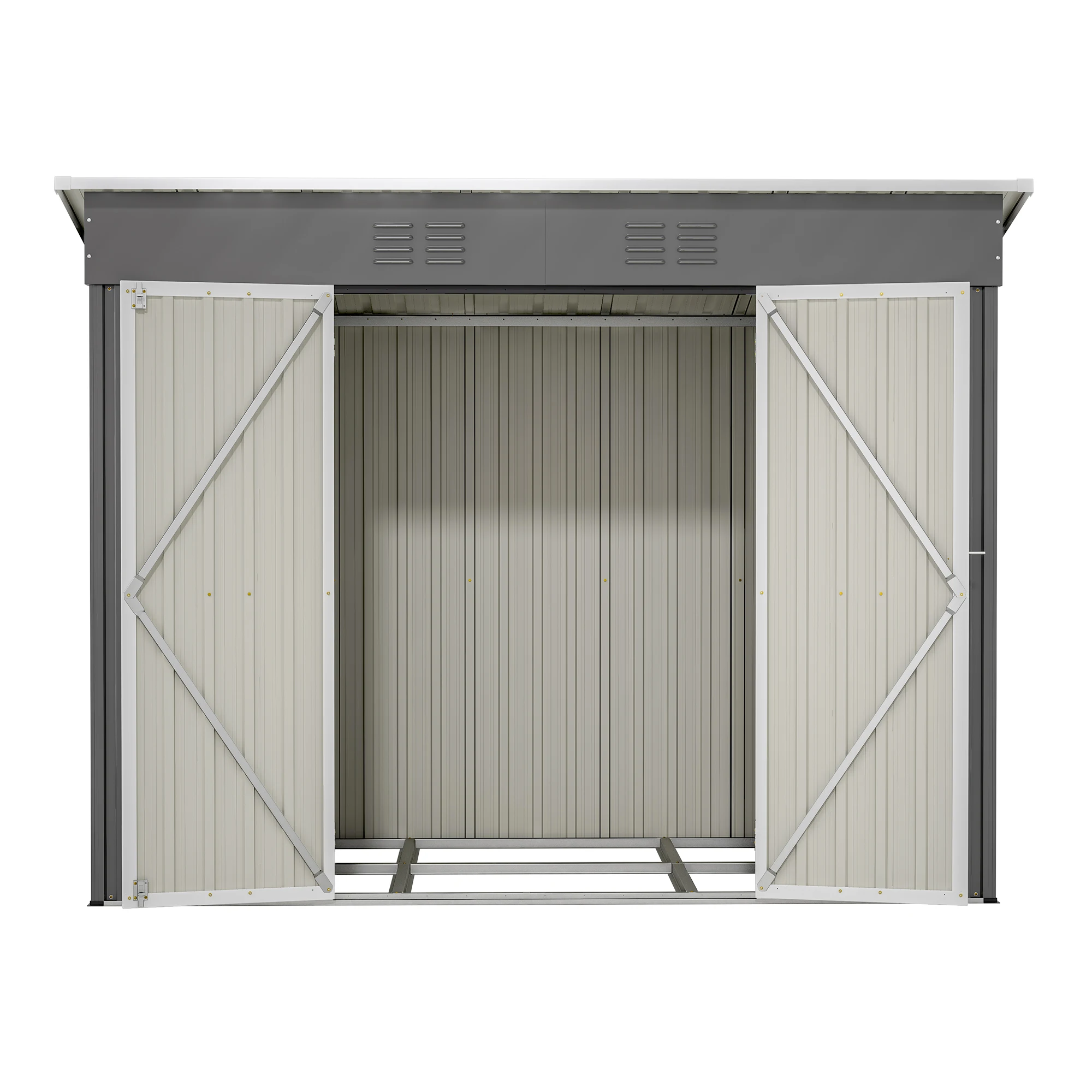 242×111×182cm Gartenhaus aus verzinktem Stahl für den Außenbereich, Doppeltüren, rost- und wetterfest, Metallbodengestell, robustes, wetterbeständiges Werkzeughaus mit verstärktem Rahmen